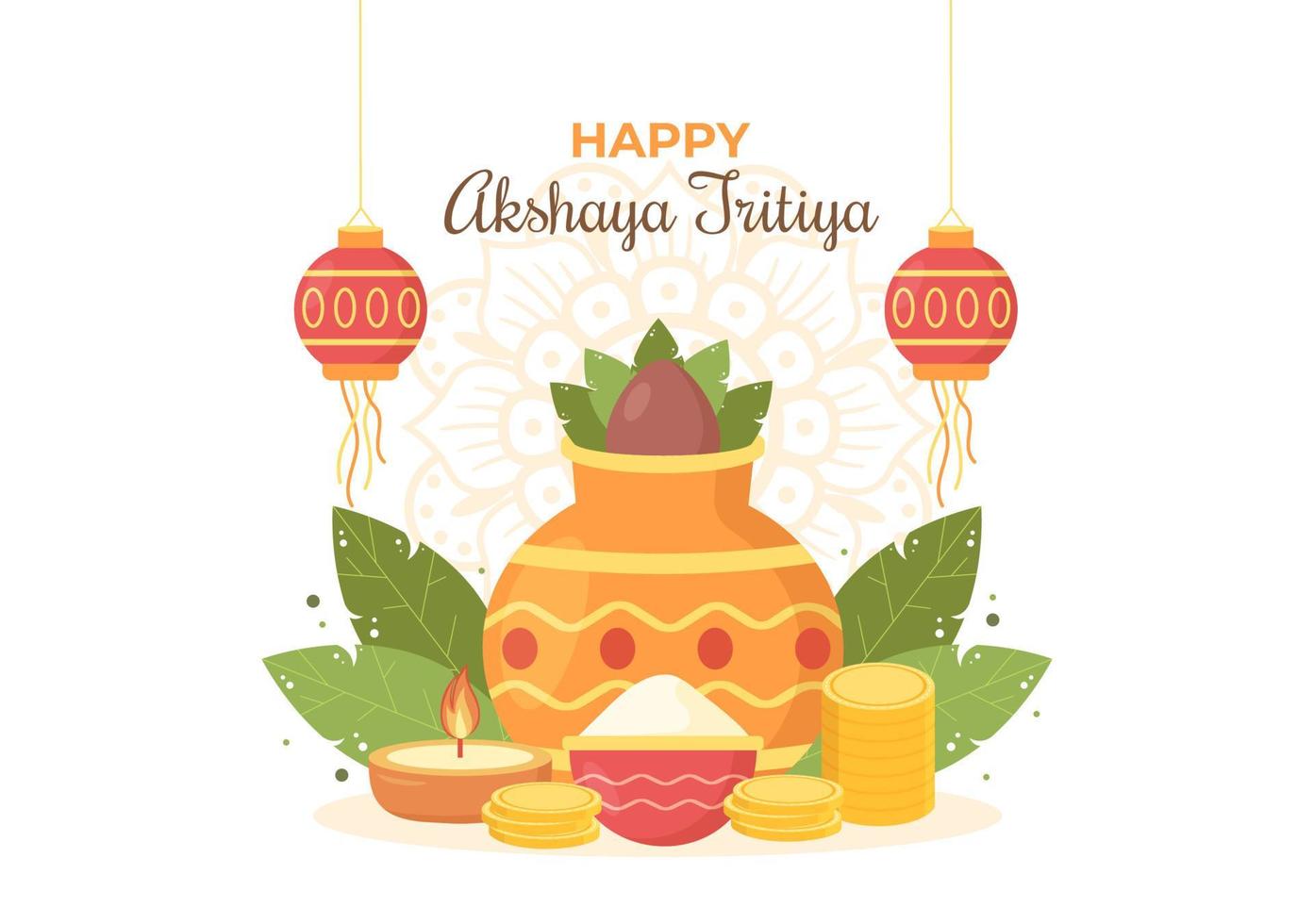 festival akshaya tritiya avec un kalash doré, un pot et des pièces d'or pour la célébration de dhanteras sur indien en illustration de modèle de fond décoré vecteur