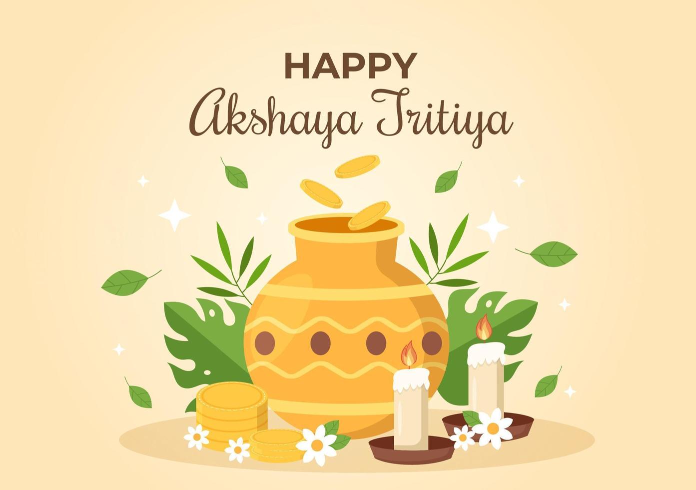 festival akshaya tritiya avec un kalash doré, un pot et des pièces d'or pour la célébration de dhanteras sur indien en illustration de modèle de fond décoré vecteur