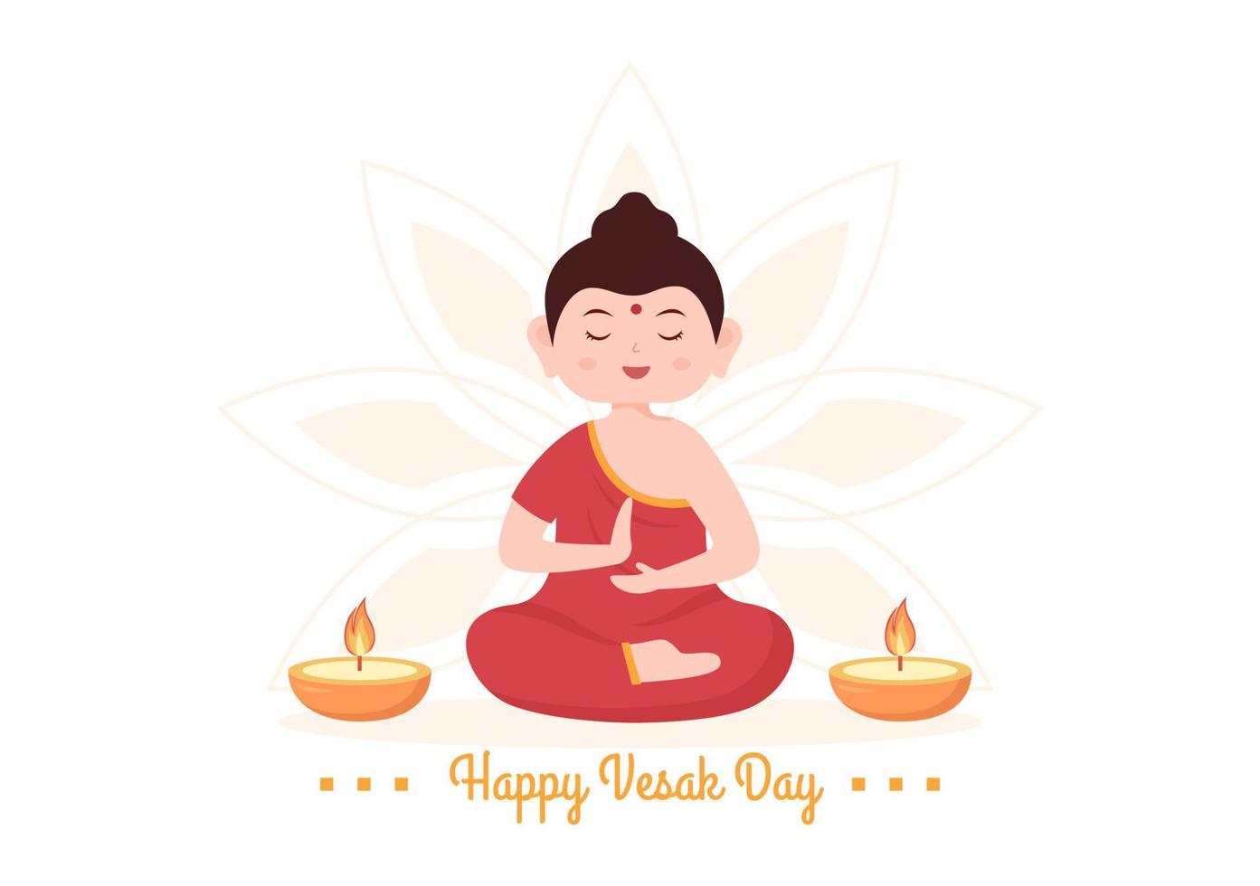 célébration de la journée vesak avec silhouette de temple, décoration de fleur de lotus, lanterne ou personne de bouddha en illustration de fond de dessin animé plat pour carte de voeux vecteur