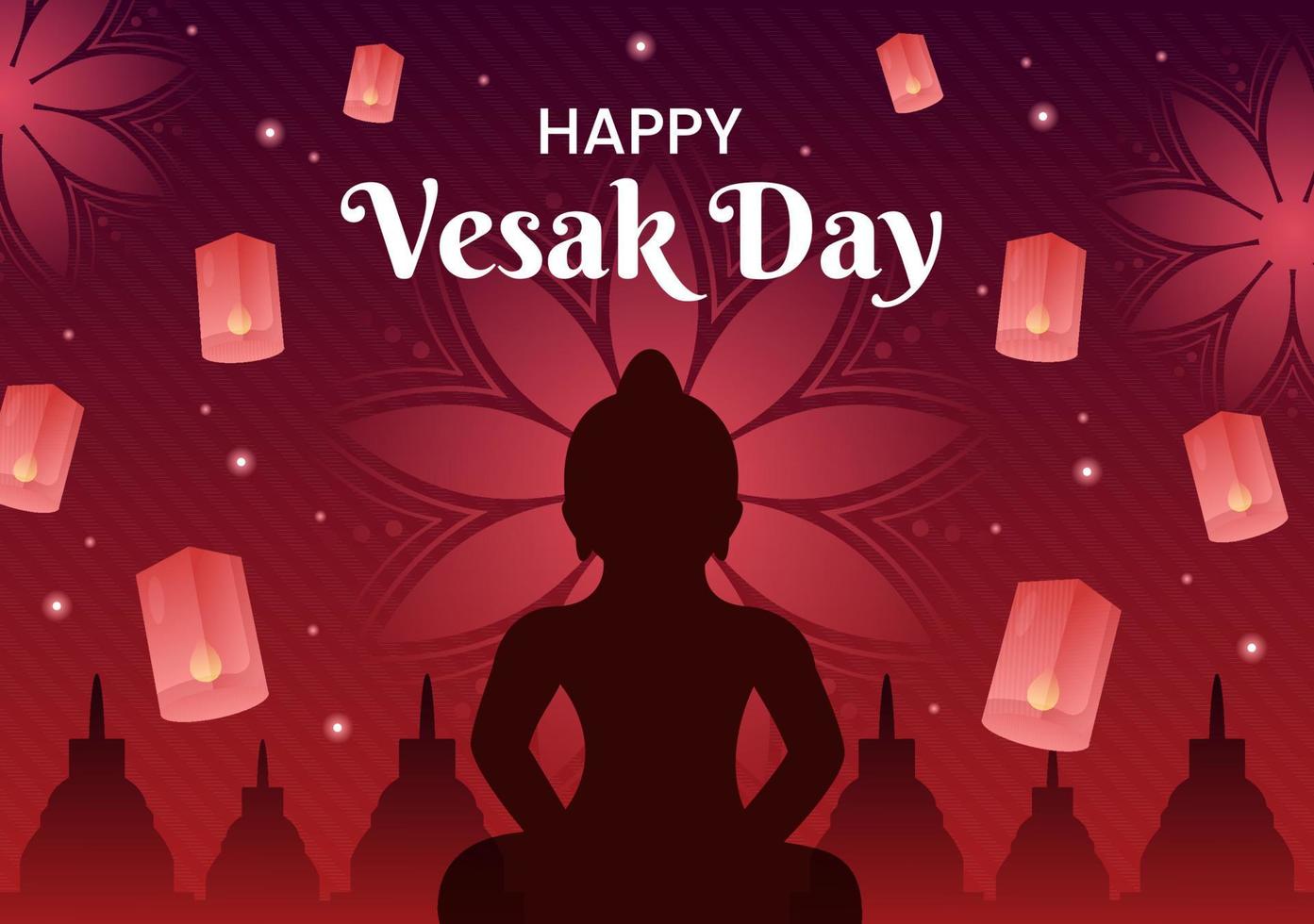 célébration de la journée vesak avec silhouette de temple, décoration de fleur de lotus, lanterne ou personne de bouddha en illustration de fond de dessin animé plat pour carte de voeux vecteur