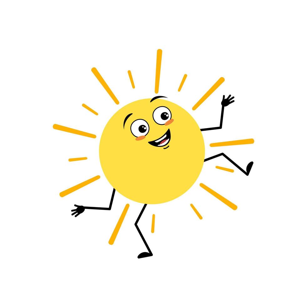 personnage de soleil mignon avec une émotion heureuse, un visage joyeux, des yeux souriants, des bras et des jambes. personne avec une drôle d'expression et de pose. illustration vectorielle plate vecteur