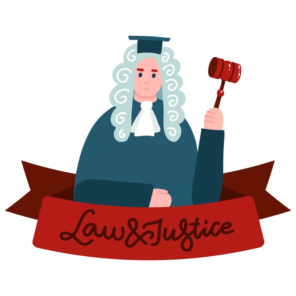 cour suprême, bannière de médias sociaux judiciaires. juge dans le personnage de dessin animé de manteau et perruque avec lettrage loi et justice sur ruban. droit judiciaire, modèle de bannière de poursuite judiciaire. illustration vectorielle plane vecteur