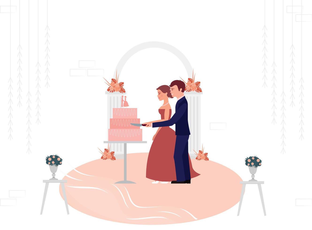 le marié et la mariée coupant leur gâteau de mariage. vecteur