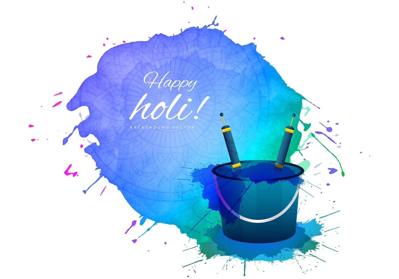 carte joyeux holi avec seau et grande éclaboussure de peinture vecteur