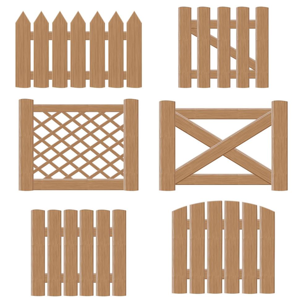 un ensemble de portes et de clôtures en bois faites de planches de différents modèles, illustration vectorielle en style cartoon vecteur
