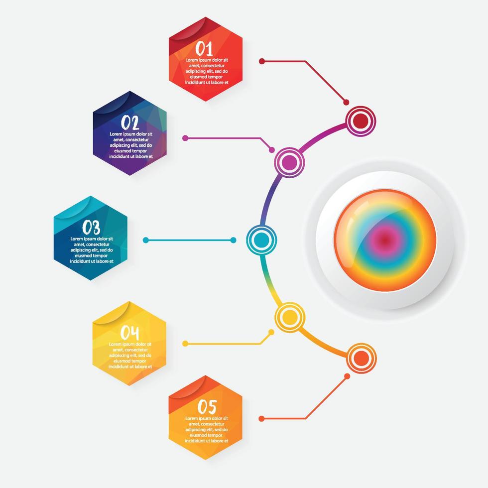 le vecteur de conception d'infographie de la chronologie et les icônes marketing peuvent être utilisés pour la mise en page du flux de travail, le diagramme, le rapport annuel, la conception Web. concept d'entreprise avec 5 polygones d'options, étapes ou processus.