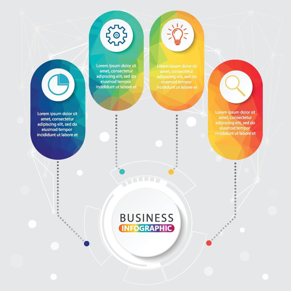 le vecteur de conception d'infographie de la chronologie et les icônes marketing peuvent être utilisés pour la mise en page du flux de travail, le diagramme, le rapport annuel, la conception Web. concept d'entreprise avec 4 options, étapes ou processus.