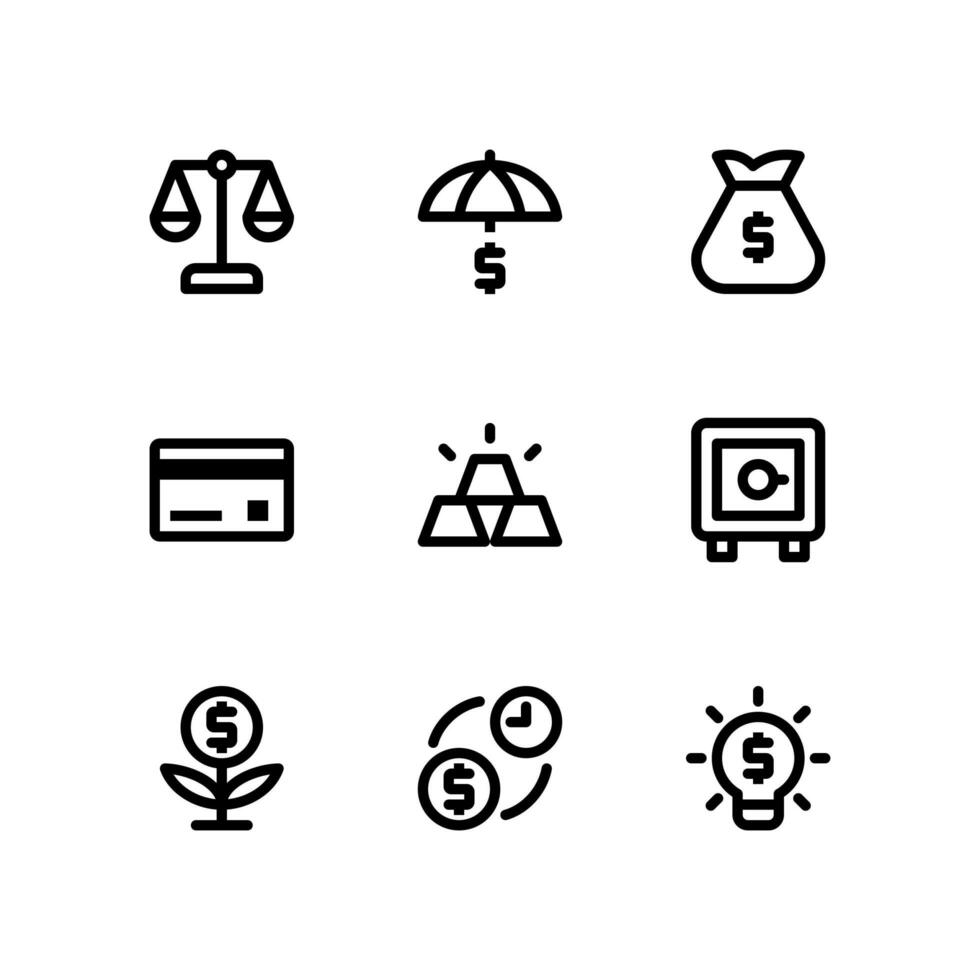 icônes de ligne de finances, y compris assurance, sac d'argent et plus vecteur