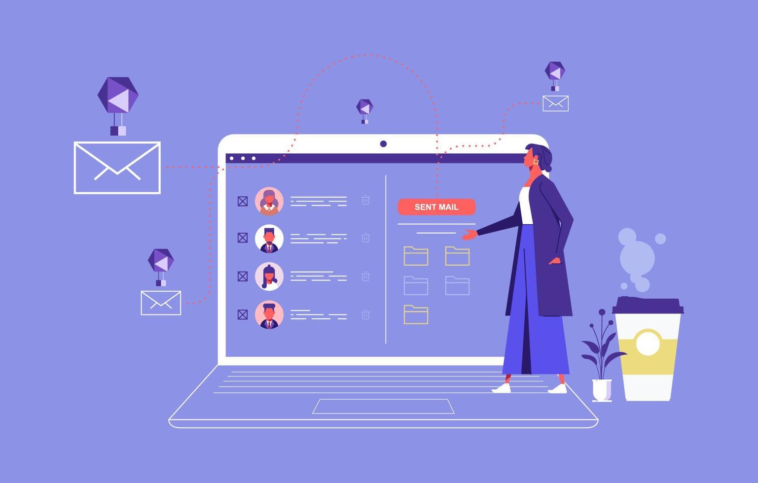 concept de liste de diffusion, e-mails ou adresses électroniques pour la communication, la correspondance, les newsletters, femme d'affaires avec liste de diffusion ordinateur portable envoyant des e-mails vecteur