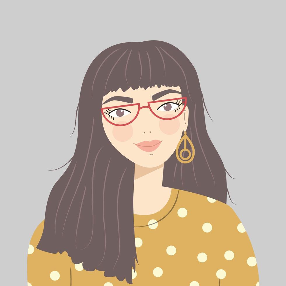 portrait de jeune fille aux longs cheveux bruns portant des lunettes rouges vecteur