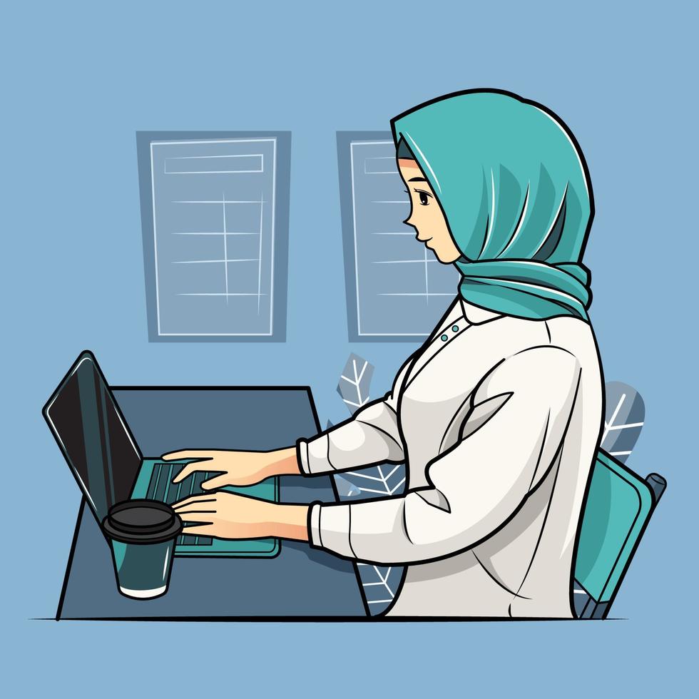 jeune fille voilée assise et travaillant dans un café illustration vectorielle téléchargement gratuit vecteur