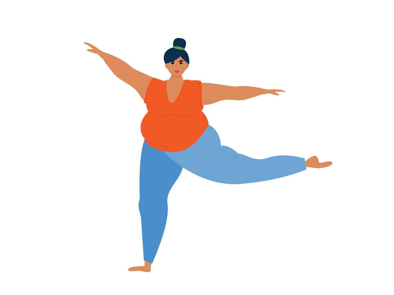 grosse fille faisant du yoga, debout sur une jambe. caractère isolé sur fond blanc. exercice, étirements, perte de poids. illustration vectorielle vecteur