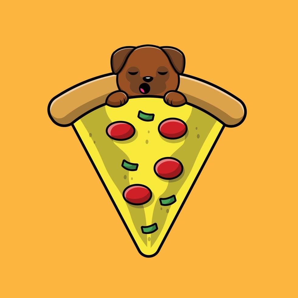 chien carlin mignon dormant sur l'illustration d'icône de vecteur de dessin animé de pizza. concept d'icône d'aliments pour animaux isolé vecteur premium. style de dessin animé plat