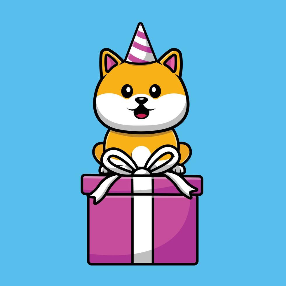 mignon shiba inu assis sur l'illustration d'icône de vecteur de dessin animé de cadeau d'anniversaire. concept d'icône animale isolé vecteur premium.