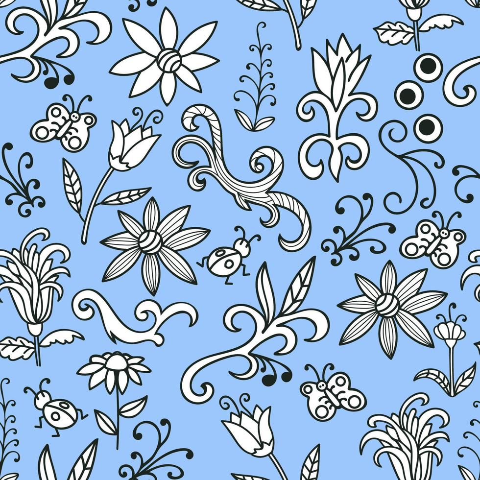 motif floral doodle sans couture avec fleurs et tourbillons, insectes et papillons. texture botanique sans soudure. fleurs détaillées dessinées à la main. motif floral dans un style doodle, arrière-plan. vecteur