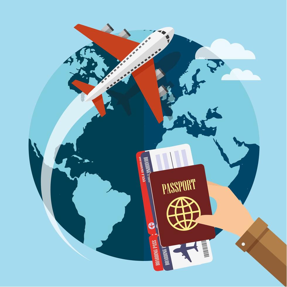 avion voyageant autour du globe et part avec passeport et billet vecteur