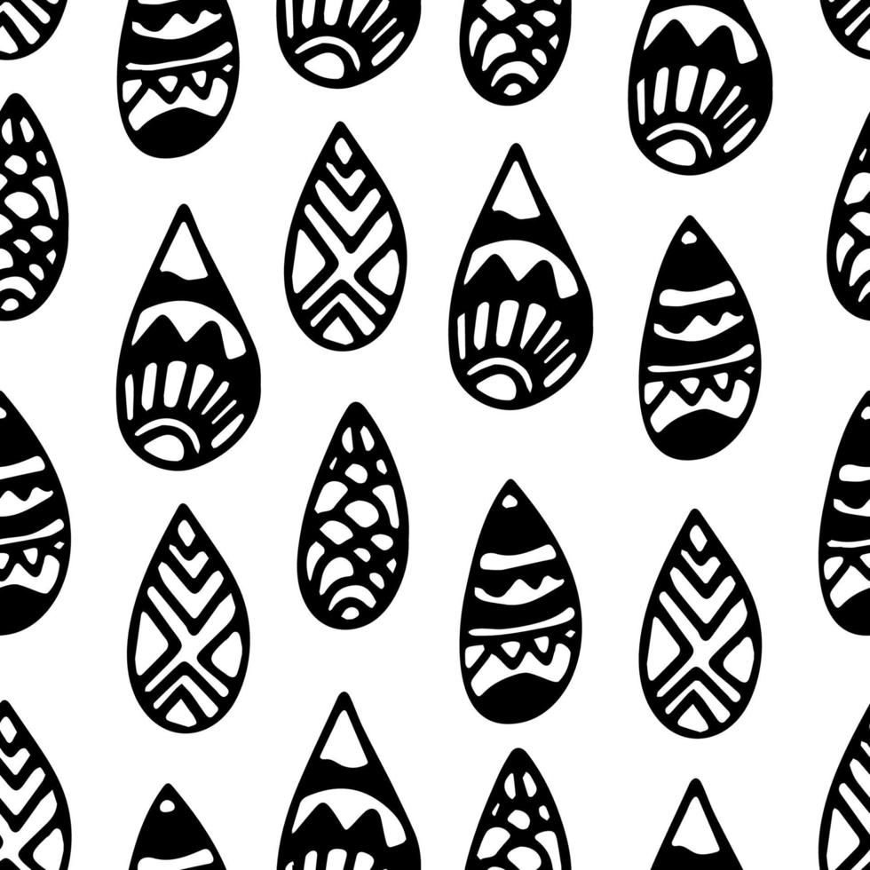 Doodle abstrait motif sans couture avec des gouttes de pluie tribales dessinées à la main noire fine ligne sur fond blanc. vecteur