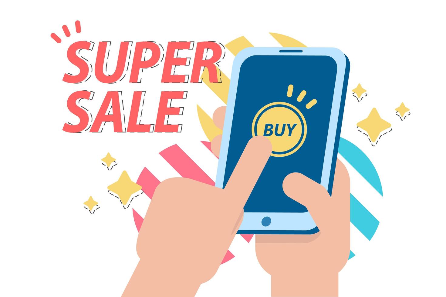 bannière de super vente avec personne shopping sur téléphone vecteur