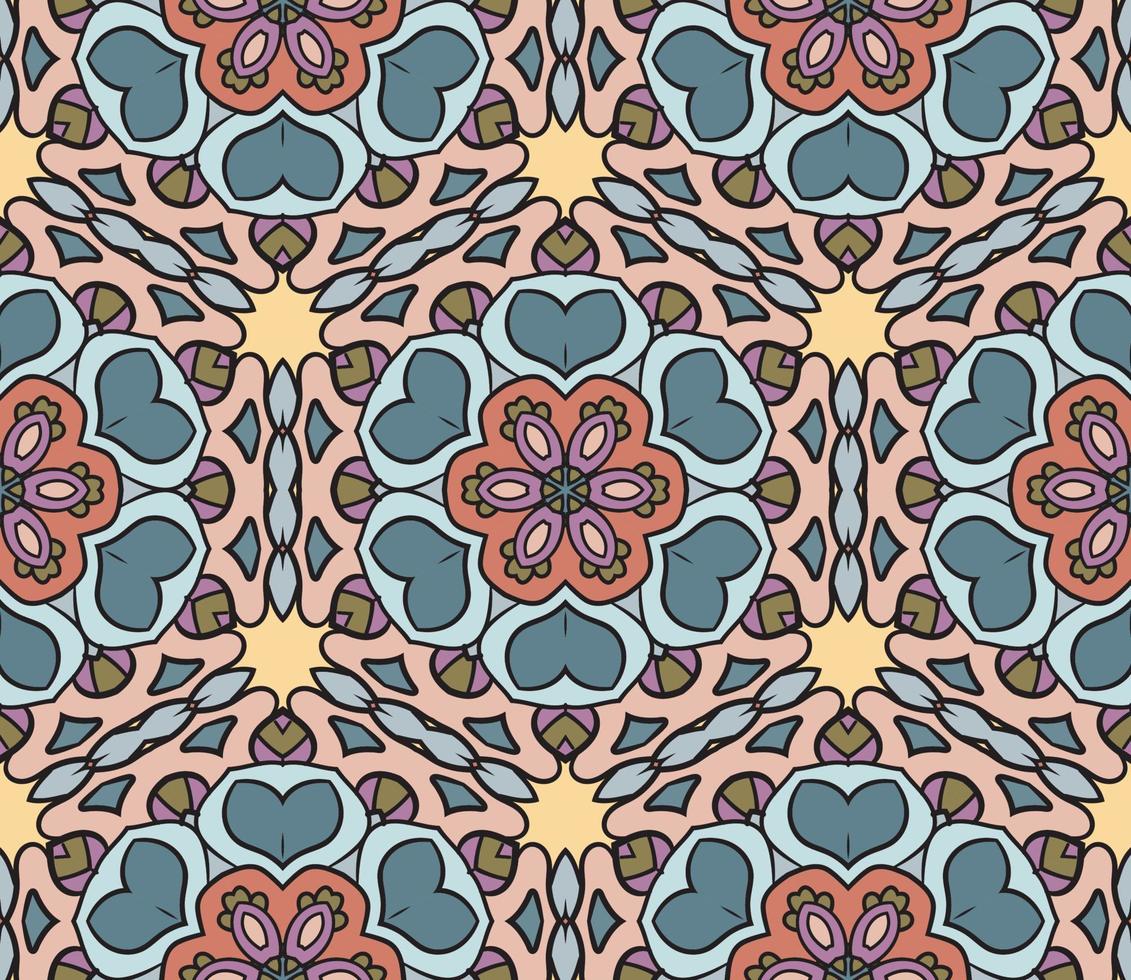 modèle sans couture de fleur géométrique abstrait coloré doodle. fond fleuri. mosaïque de kaléidoscope, tuile géo d'ornement de ligne mince. vecteur