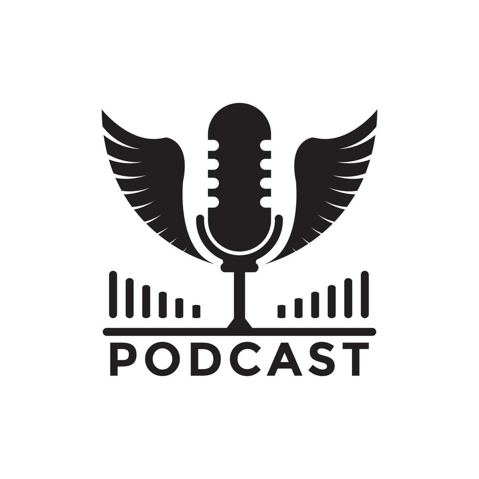 création de logo de podcast ou de radio à l'aide d'un microphone avec le symbole des ailes et les vagues de l'icône de l'égaliseur vecteur