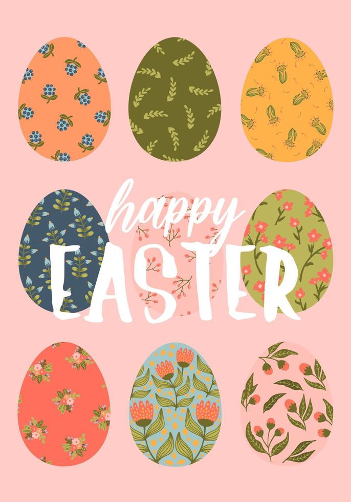 carte de vecteur de joyeuses pâques avec oeuf, fleurs de printemps, lapin. modèle de printemps dessiné à la main pour cartes postales, dépliants, bannières.
