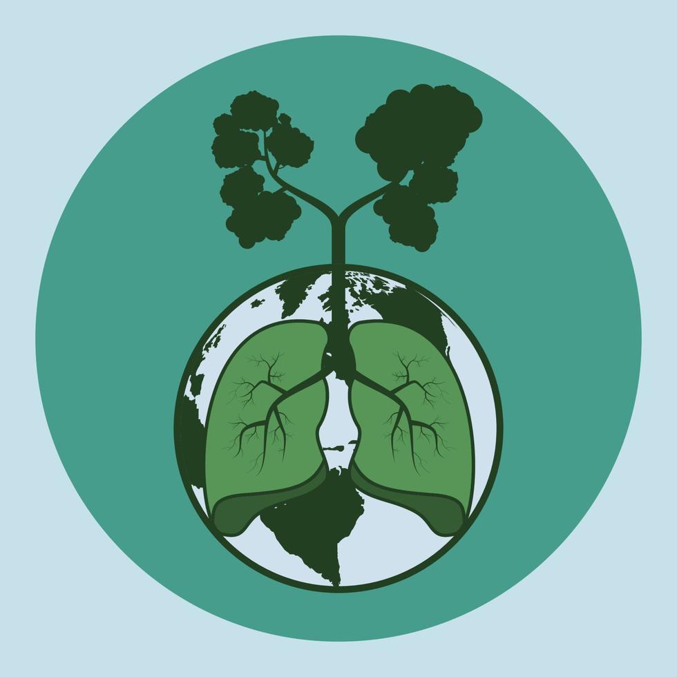 poumon, globe et silhouette d'arbre en vert foncé. arbre le poumon du concept de monde vecteur