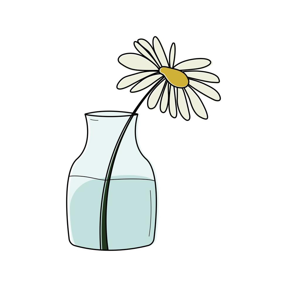 camomille debout dans un vase en verre style doodle, illustration vectorielle isolée sur fond blanc. jolie fleur en pot avec de l'eau, image colorée, dessin simple vecteur