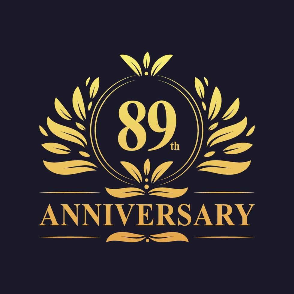 Conception du 89e anniversaire, luxueux logo d'anniversaire de 89 ans de couleur dorée. vecteur