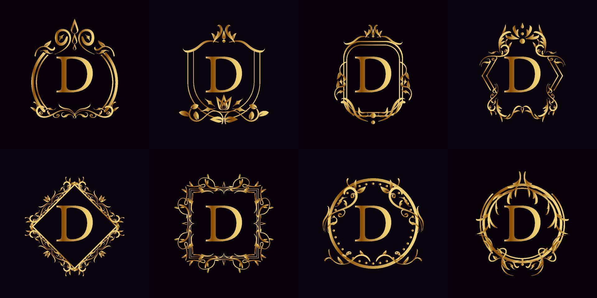 logo initial d avec ornement de luxe ou cadre fleuri, collection de jeux. vecteur