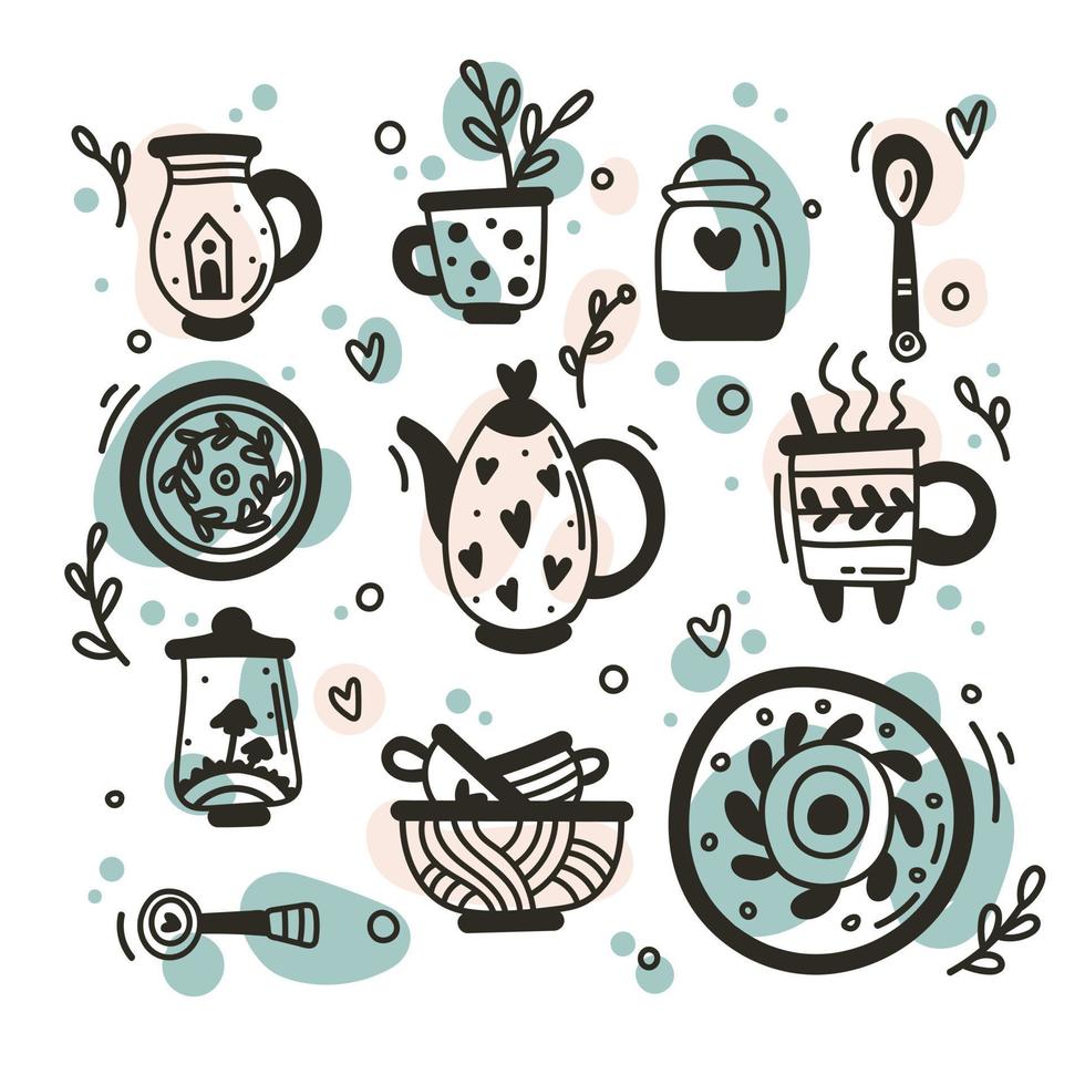 ustensiles de cuisine en céramique doodle dessiné à la main isolé sur fond blanc. collection de tasses, assiettes, cuillères, théière, sucrier, cruche vecteur