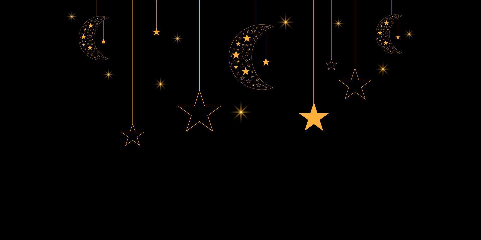 concept de célébration du ramadan kareem. lune dorée et étoile brillante accrochée sur fond noir pour une bannière, site web. toile de fond de style islamique. fête et festival musulmans. vecteur