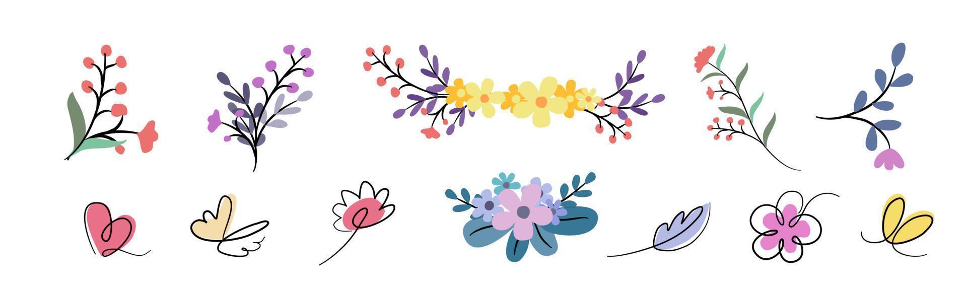 éléments floraux pour la conception de la décoration dans un style doodle vecteur