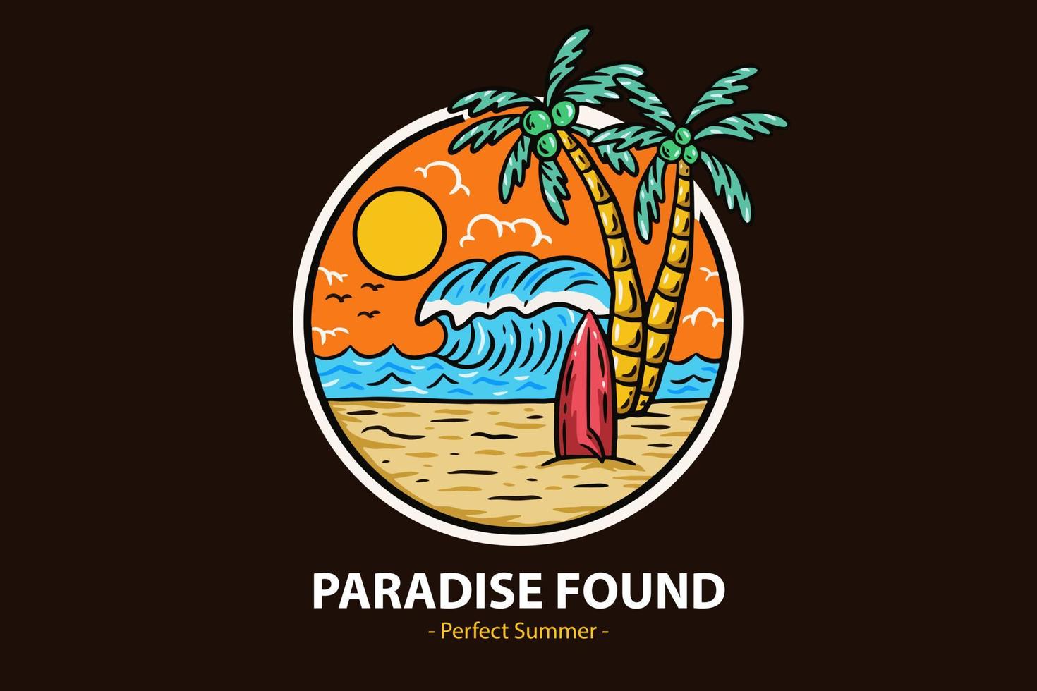 badges de l'heure d'été avec coucher de soleil et cocotier vague et paradis de l'île paradisiaque de la plage de surf vecteur