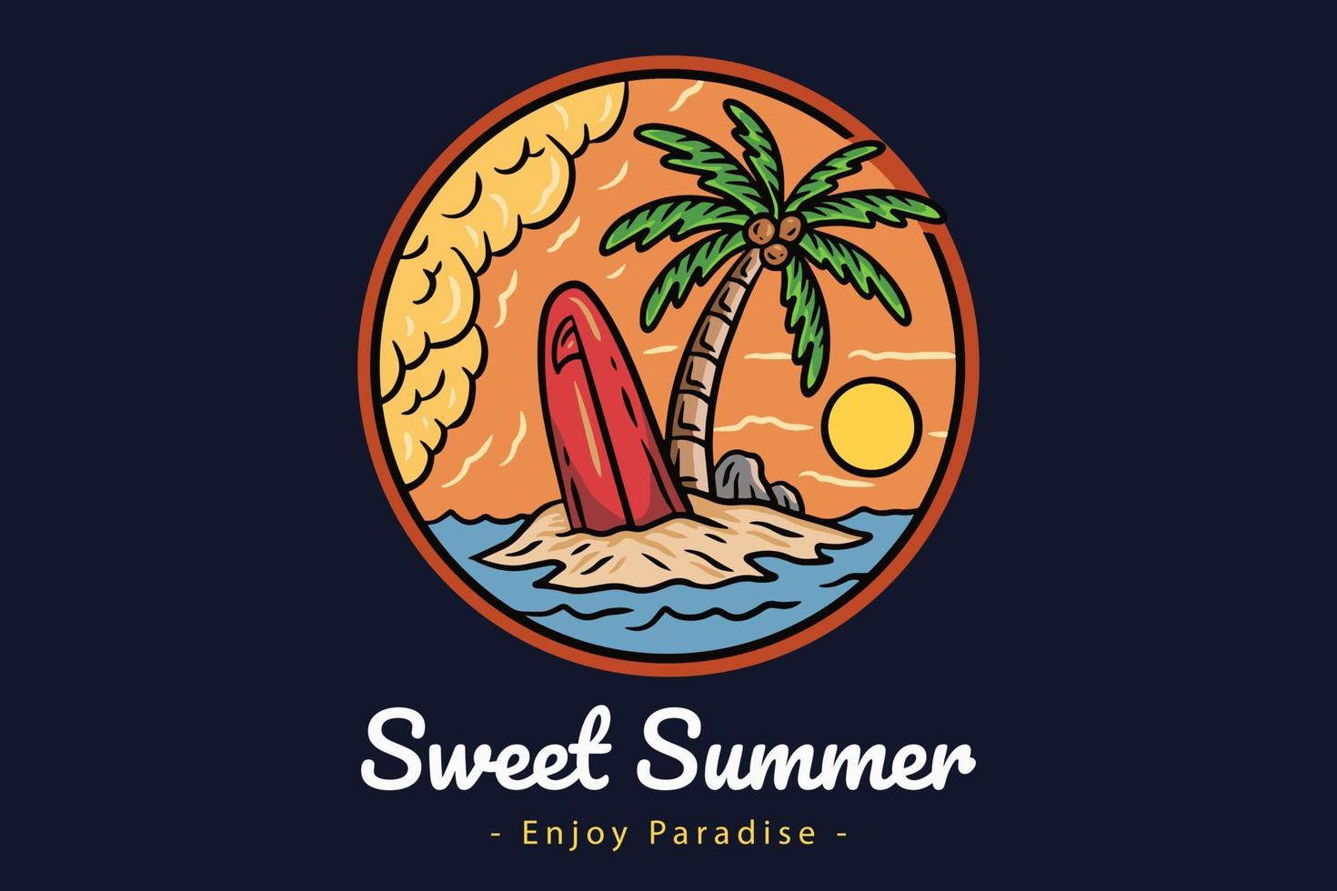 badges de l'heure d'été avec coucher de soleil et cocotier vague et paradis de l'île paradisiaque de la plage de surf vecteur