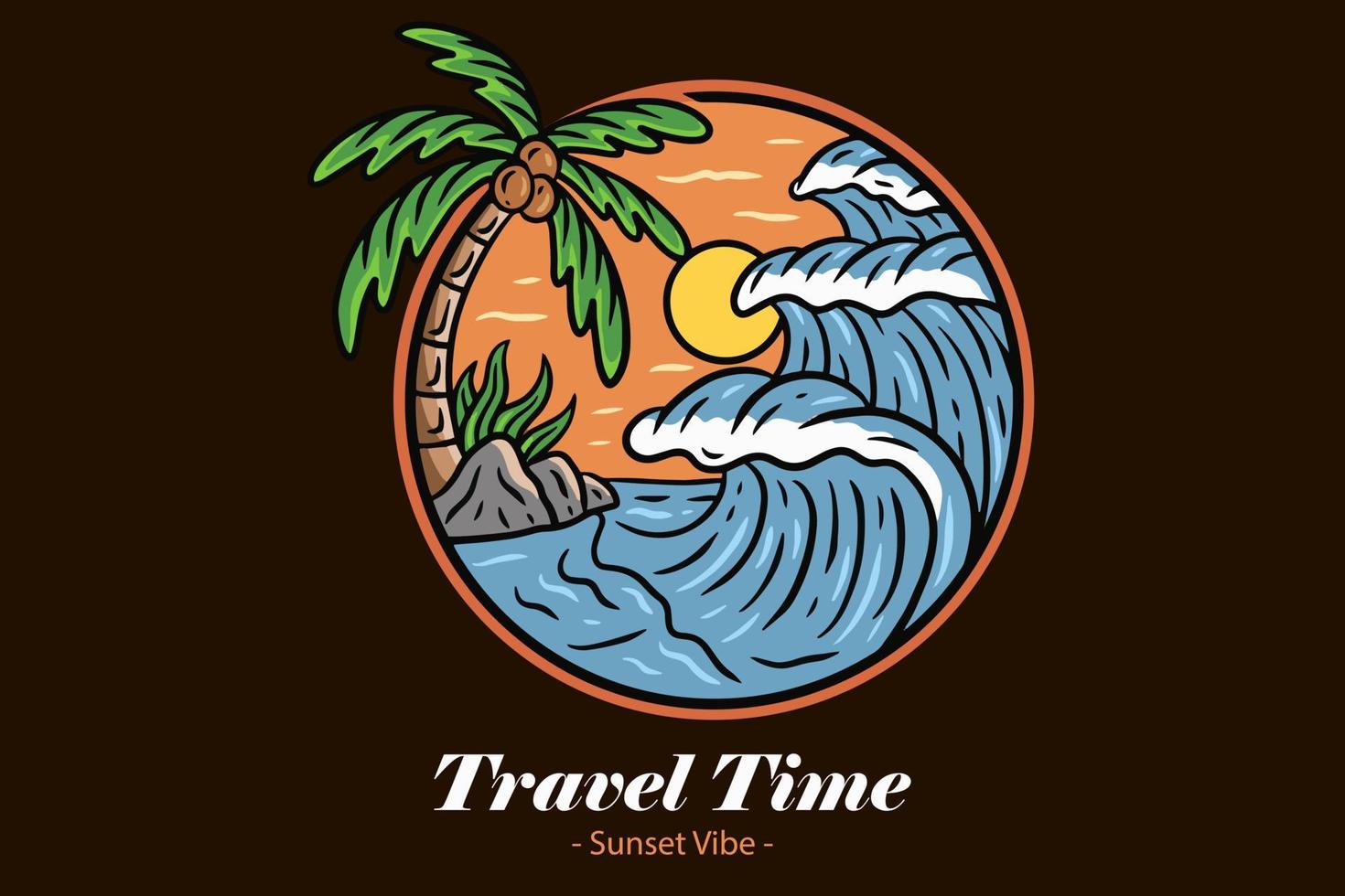 badges de l'heure d'été avec coucher de soleil et cocotier vague et paradis de l'île paradisiaque de la plage de surf vecteur