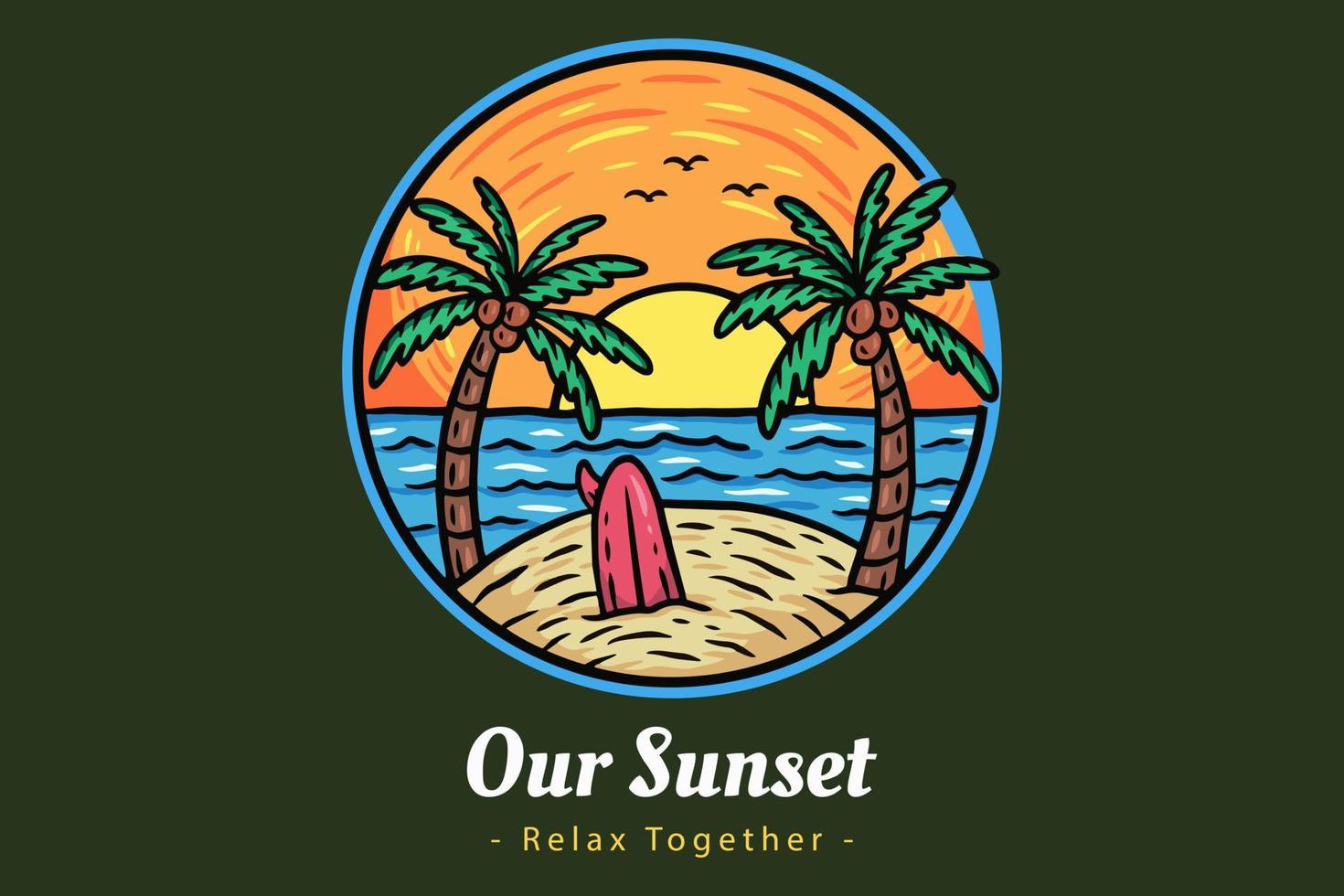 badges de l'heure d'été avec coucher de soleil et cocotier vague et paradis de l'île paradisiaque de la plage de surf vecteur