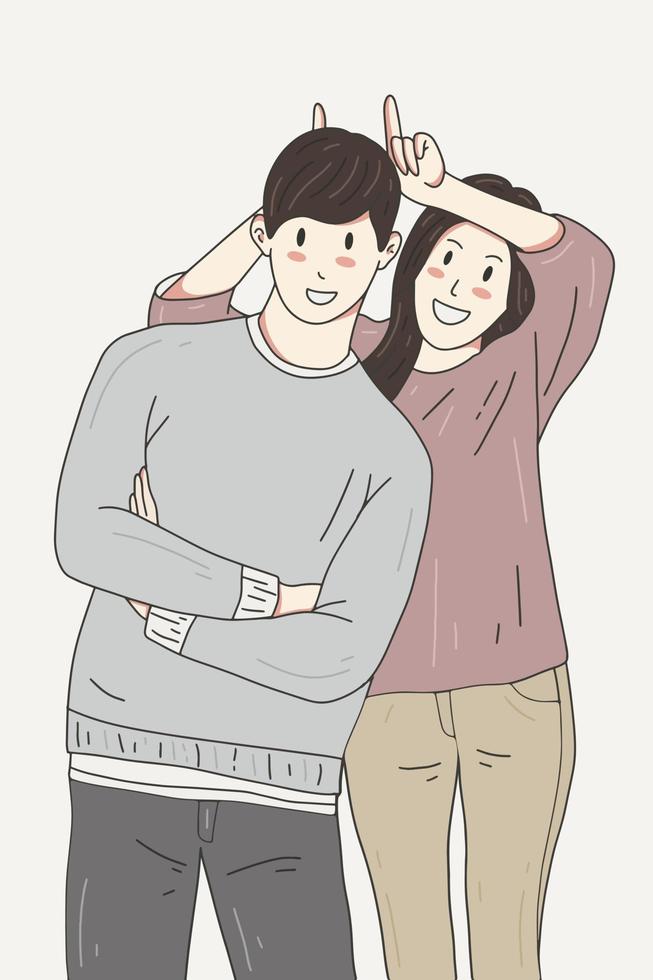mignon couple heureux amour ensemble petit ami et petite amie femmes hommes fille couleur pastel mode clipart doodle dessin au trait illustration vecteur