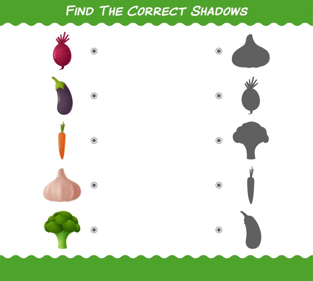 trouver les ombres correctes des légumes de dessin animé. jeu de recherche et d'association. jeu éducatif pour les enfants d'âge préscolaire et les tout-petits vecteur