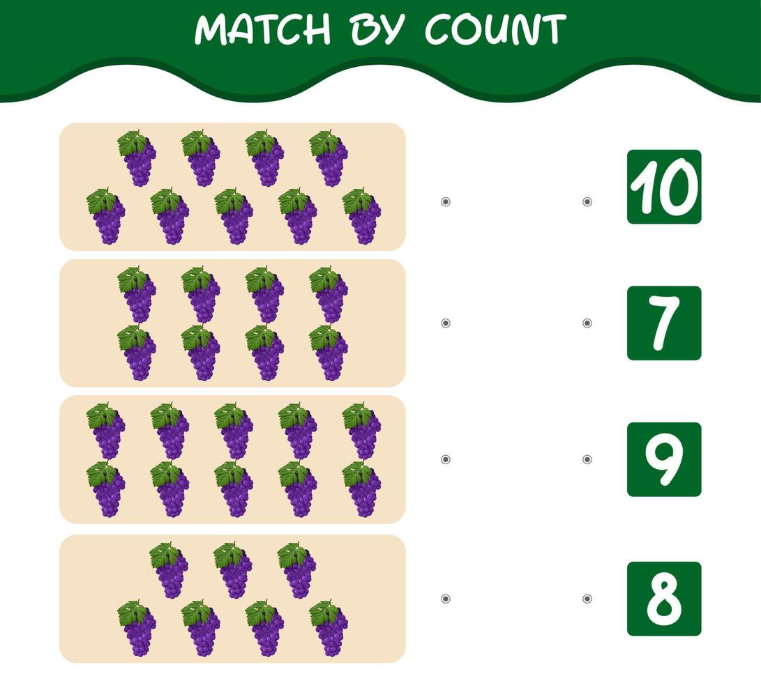 match par nombre de raisins violets de dessin animé. match et jeu de comptage. jeu éducatif pour les enfants d'âge préscolaire et les tout-petits vecteur
