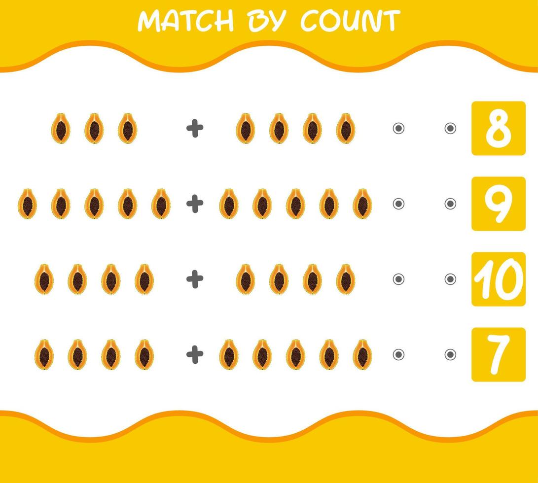 match par nombre de papayes de dessin animé. match et jeu de comptage. jeu éducatif pour les enfants d'âge préscolaire et les tout-petits vecteur