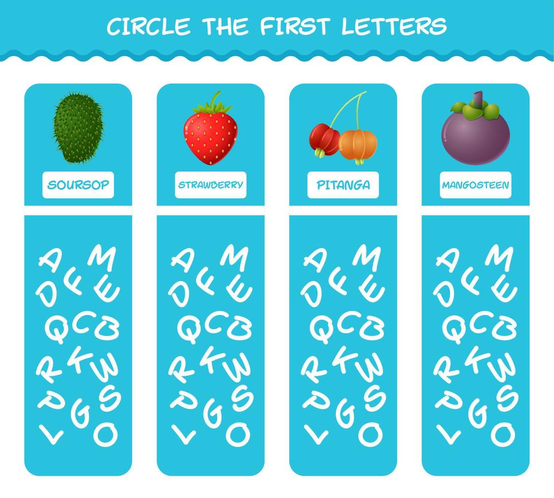 entourez les premières lettres des fruits du dessin animé. jeu de correspondance. jeu éducatif pour les enfants d'âge préscolaire et les tout-petits vecteur