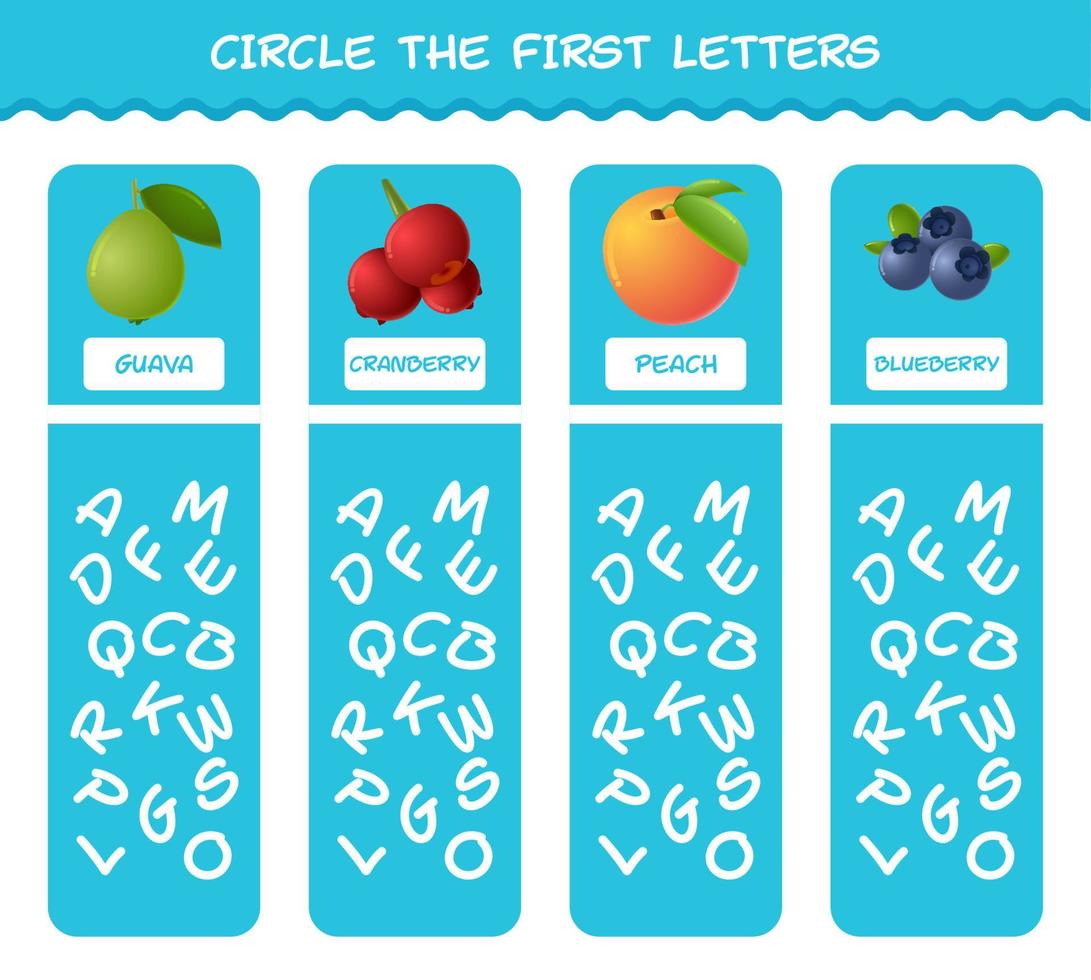 entourez les premières lettres des fruits du dessin animé. jeu de correspondance. jeu éducatif pour les enfants d'âge préscolaire et les tout-petits vecteur