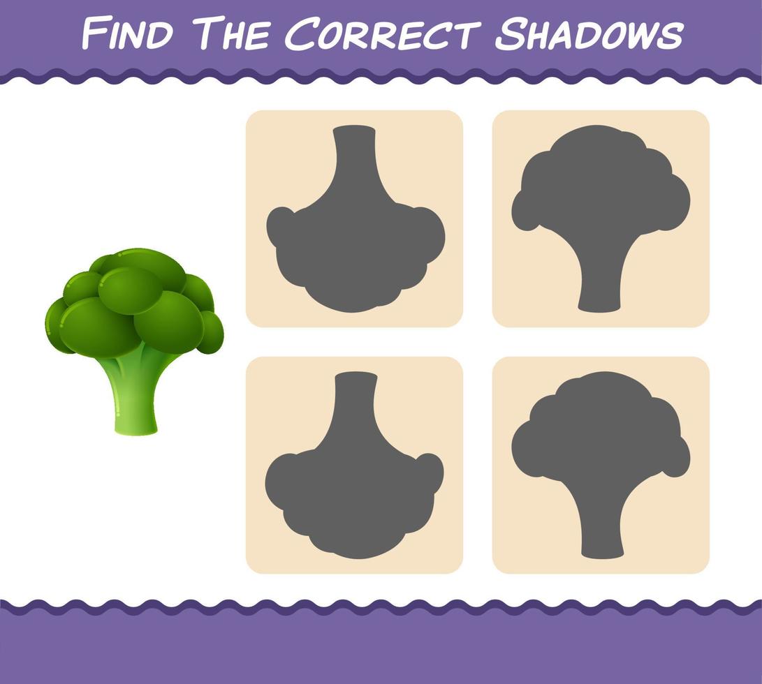 trouver les ombres correctes du brocoli de dessin animé. jeu de recherche et d'association. jeu éducatif pour les enfants d'âge préscolaire et les tout-petits vecteur