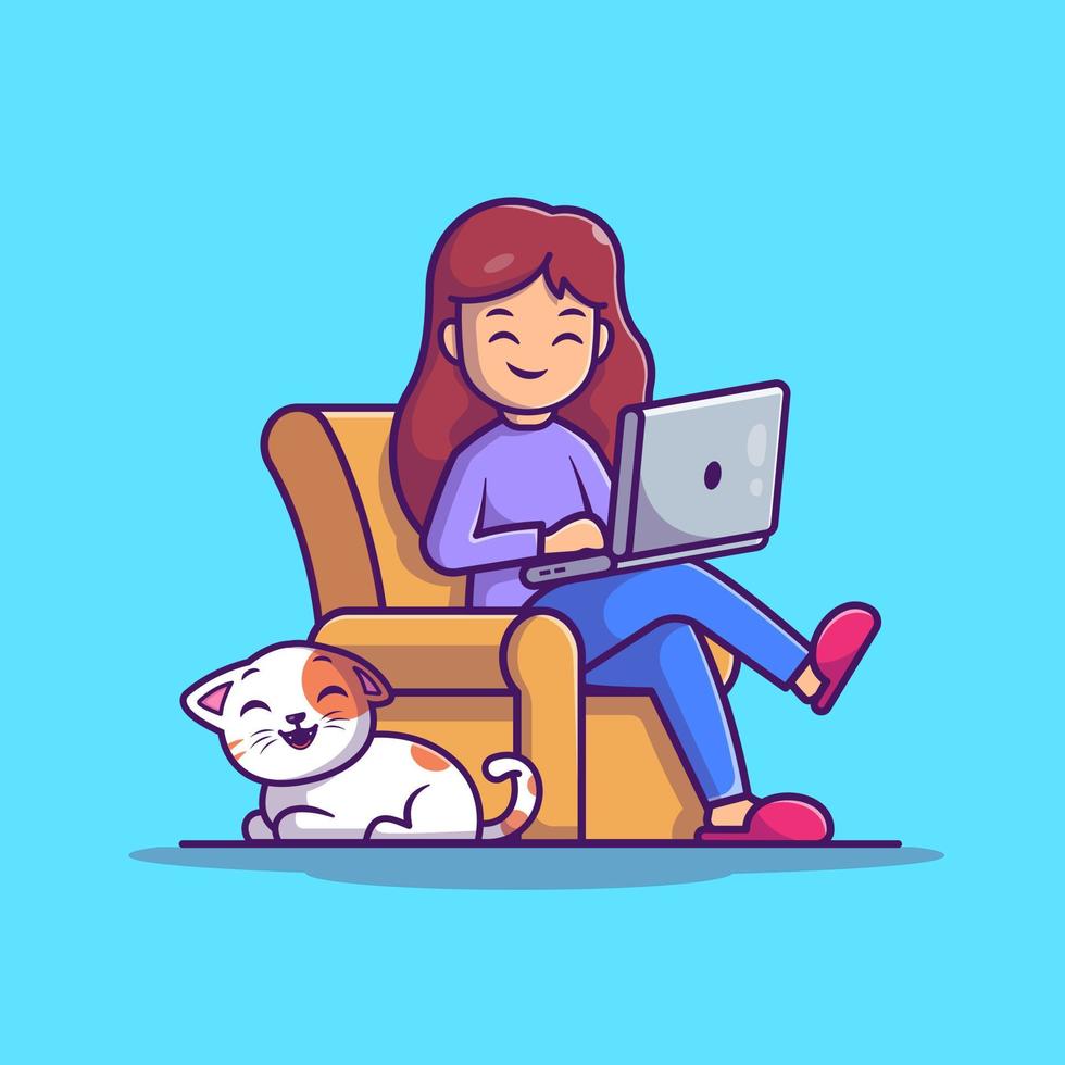 femmes travaillant sur ordinateur portable avec illustration d'icône de vecteur de dessin animé de chat. concept d'icône de technologie de personnes isolé vecteur premium. style de dessin animé plat