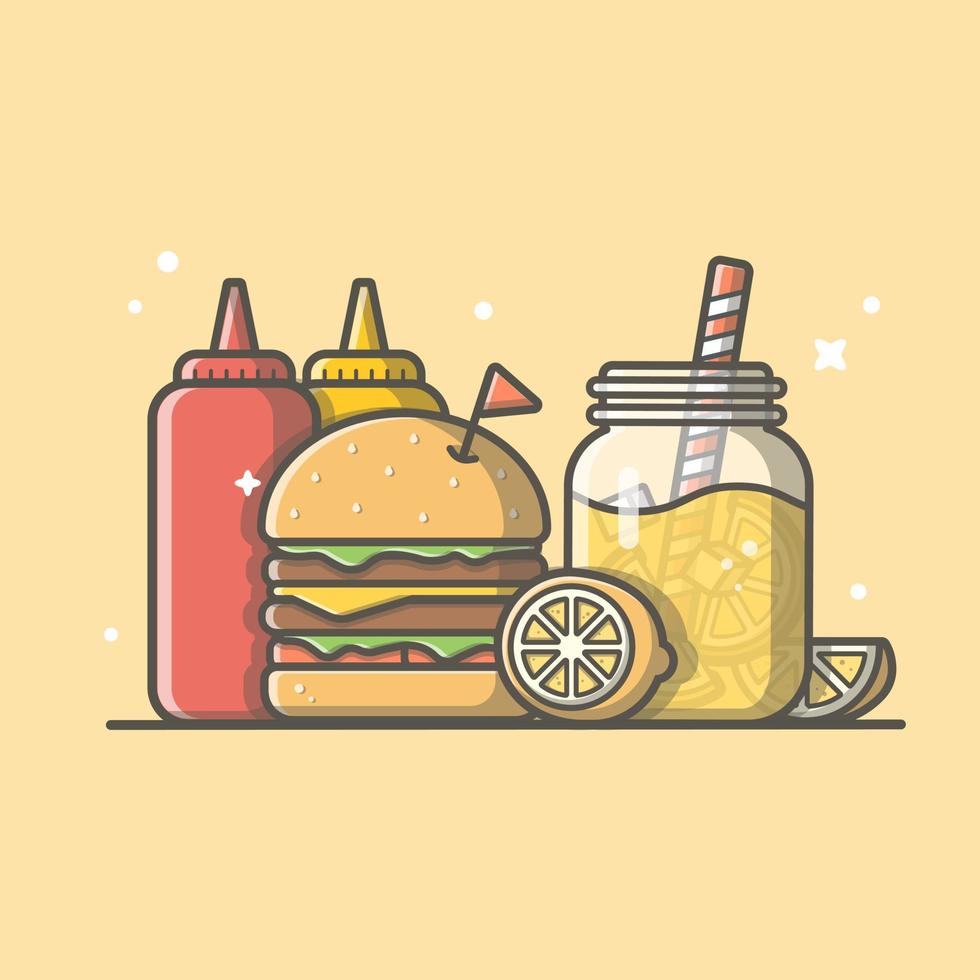 burger avec illustration d'icône de vecteur de dessin animé de limonade et de ketchup. concept d'icône de nourriture et de boisson isolé vecteur premium. style de dessin animé plat
