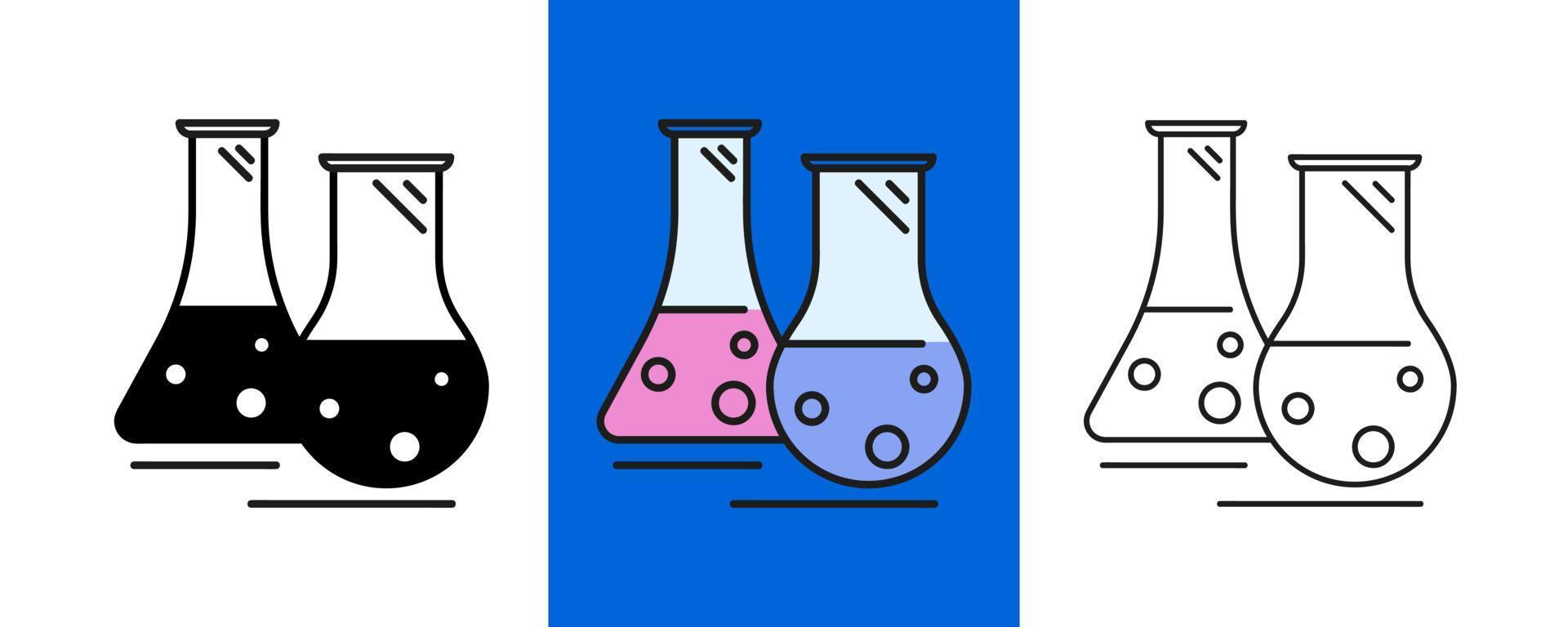 jeu d'icônes de tubes à essai de chimie. silhouette, jeu d'icônes colorées et linéaires. icônes de ligne de laboratoire de chimie. formule chimique, microscope et analyse médicale. ligne modifiable. vecteur