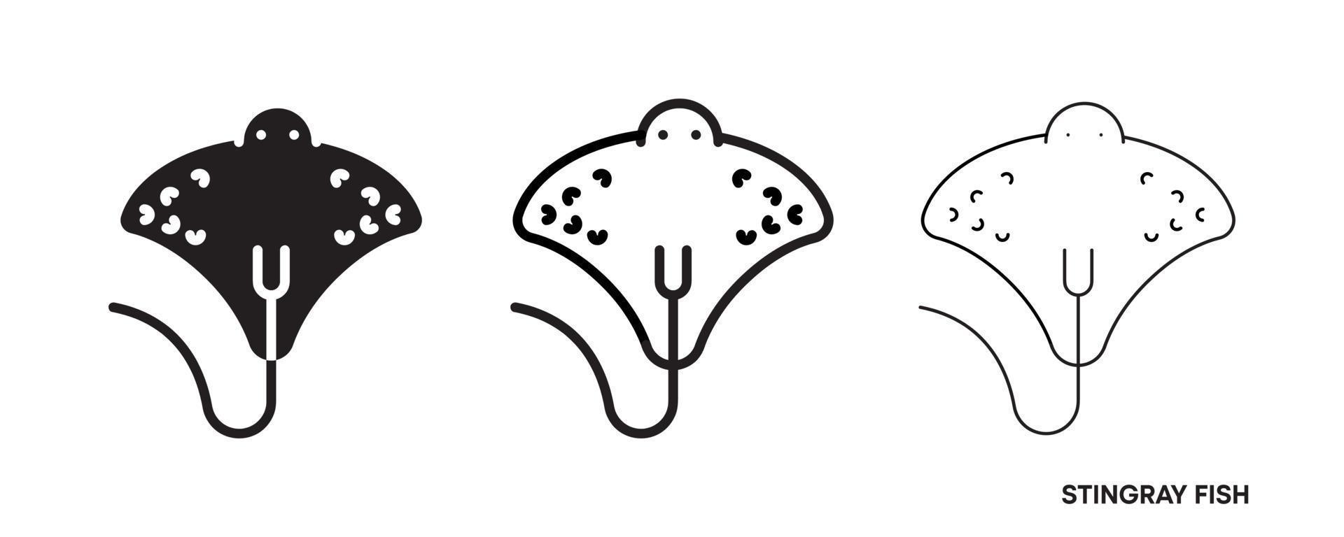 jeu d'icônes de ligne de poisson stingray. ces icônes incluent un jeu d'icônes de poisson stingray mince, épais et silhouette. ligne modifiable. icône de poisson. modèle de logo de poisson. symbole de vecteur créatif du club de pêche ou du web en ligne.