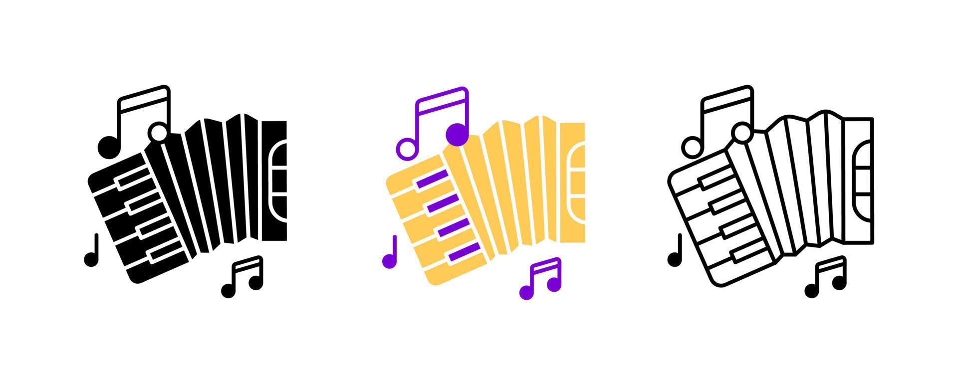 instrument d'accordéon et jeu d'icônes de notes de musique. icône de divertissement et de musique. ensemble d'instruments à cordes. ensemble de lignes modifiable. silhouette, jeu d'icônes colorées et linéaires. vecteur