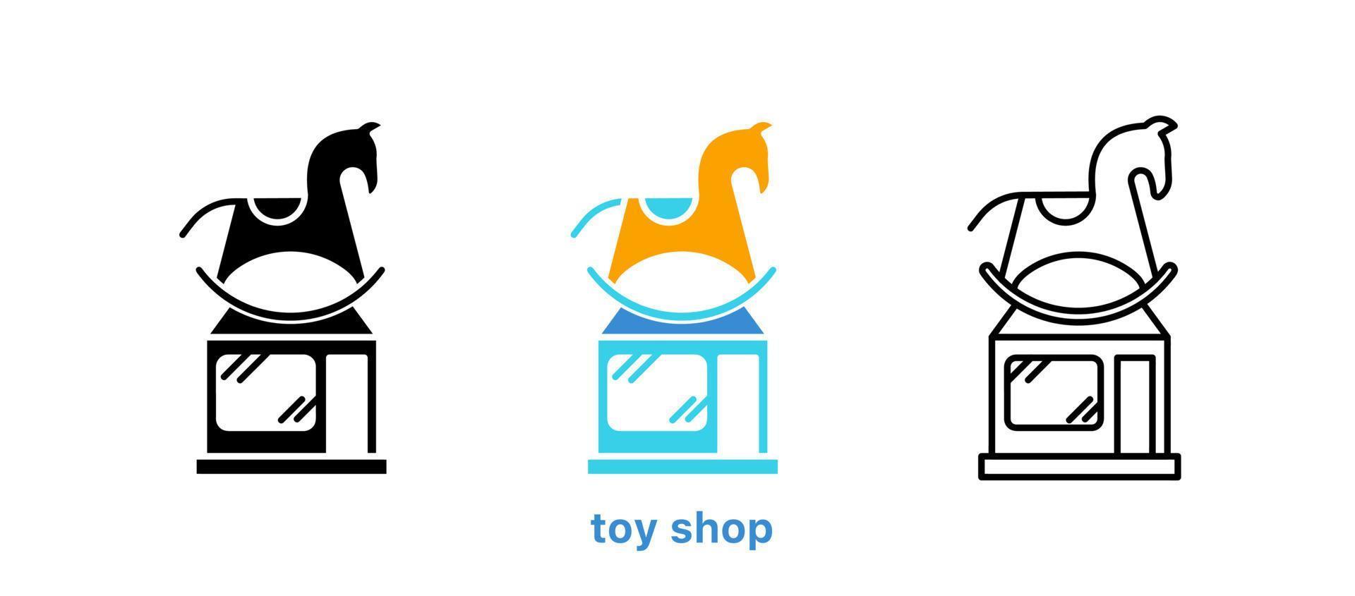 jeu d'icônes de magasin de jouets. cheval à bascule et icône de la boutique. ensemble de jouets pour enfants. ensemble de lignes modifiable. silhouette, jeu d'icônes colorées et linéaires. logo-web, élément de conception d'icône. vecteur