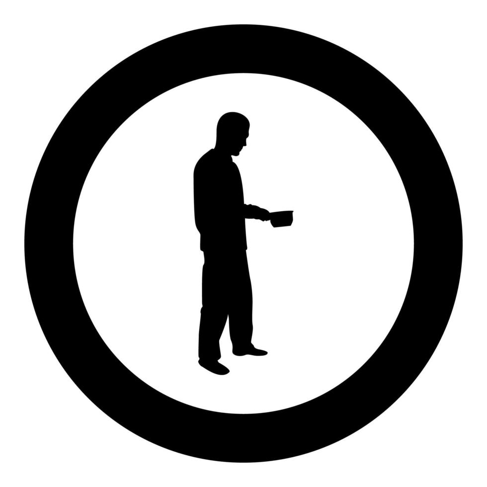 homme, à, casserole, dans, sien, mains, préparer, nourriture, mâle, cuisine, utilisation, soucoupes, silhouette, dans, cercle, rond, noir, couleur, vecteur, illustration, solide, contour, style, image vecteur